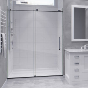 Leon Series 60 in. by 76 in. Frameless Sliding Shower Door in Gunmetal with Handle