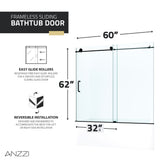 ANZZI SD-AZ8080-01MB Raymore Series 60" x 62" Frameless Sliding Tub Door in Matte Black