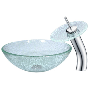 Paeva Series Deco-Glass Vessel Sink in Crystal Clear Chipasi with Matching Chrome Waterfall Faucet