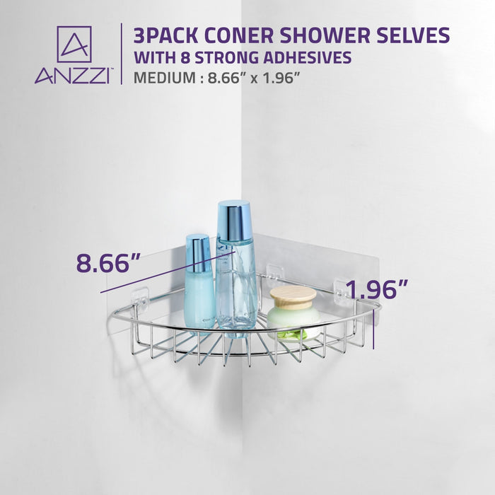ANZZI AC-AZSC64CH 3-Piece Corner Shower Caddy Shelf Set with 8 Adhesive in Chrome