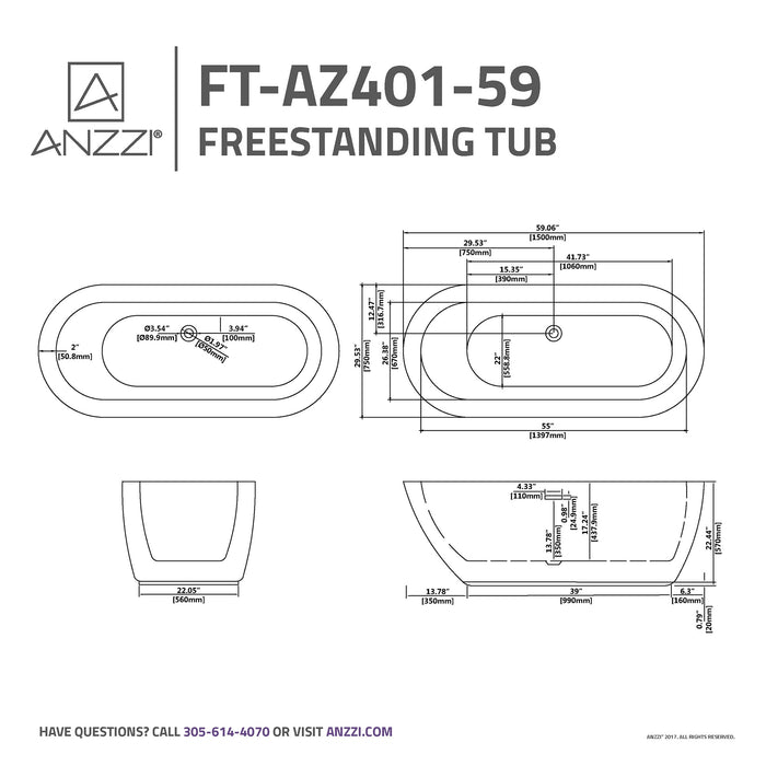 ANZZI FT-AZ401-59 Ami 59" Acrylic Flatbottom Freestanding Bathtub in White