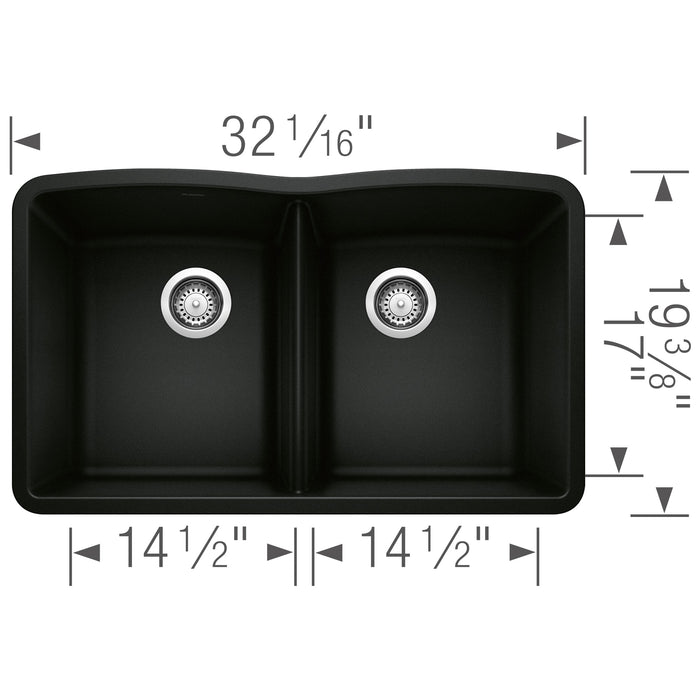 Blanco 442913 Diamond SILGRANIT 32" 50/50 Double Bowl Undermount Kitchen Sink - Coal Black
