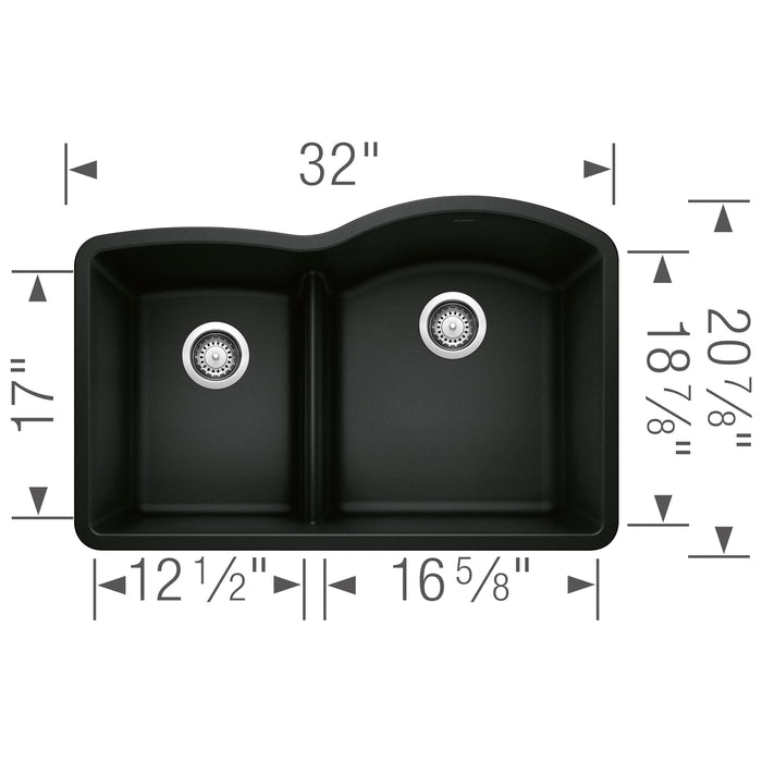 Blanco 442911 Diamond SILGRANIT 32" 40/60 Reverse Double Bowl Undermount Kitchen Sink in Coal Black