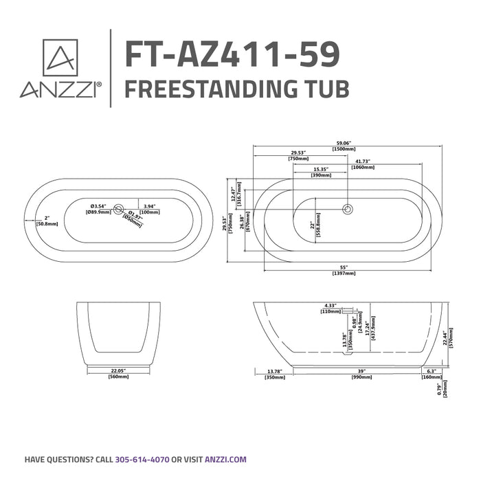 ANZZI FT-AZ411-59 Britt 59" Acrylic Flatbottom Freestanding Bathtub in White
