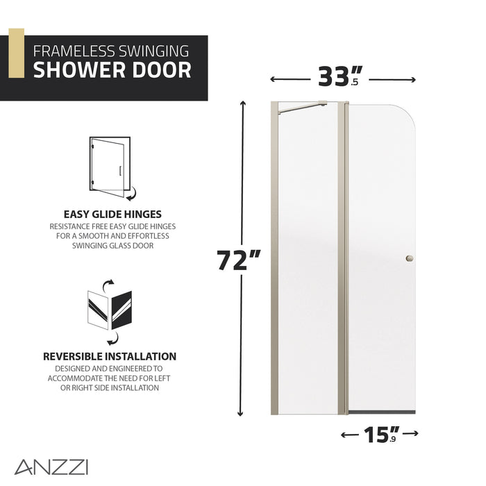 ANZZI SD-AZ14-01BN Romance 72" x 33.5" Frameless Swinging Shower Door in Brushed Nickel