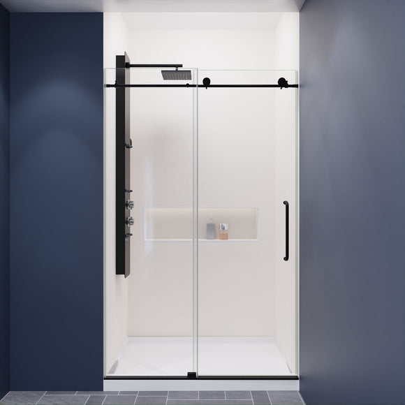 Madam Series 48 in. by 76 in. Frameless Sliding Shower Door in Matte Black with Handle