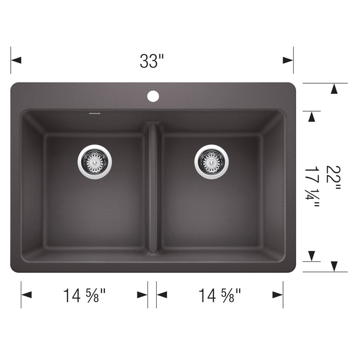 Blanco 443204 Liven SILGRANIT 33" 50/50 Double Bowl Dual Mount Kitchen Sink in Cinder