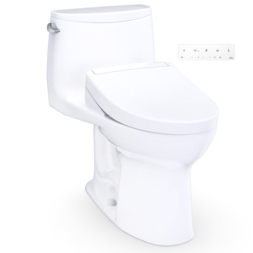 TOTO UltraMax WASHLET+ S5 One-Piece Elongated 1.28 GPF Universal Height Toilet with CEFIONTECT, Cotton White - MW6083446CEFG#01