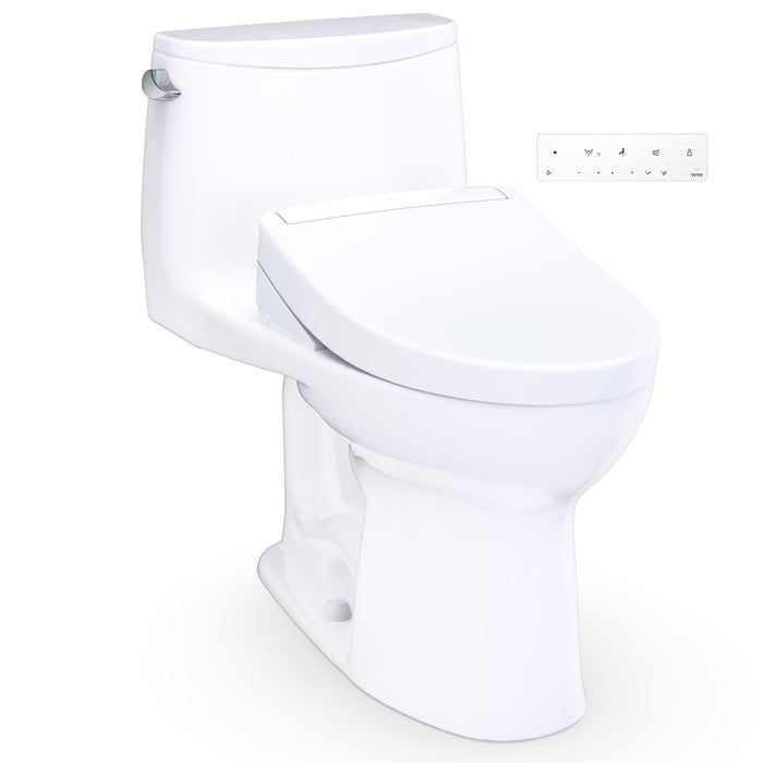 TOTO UltraMax WASHLET+ S5 One-Piece Elongated 1.28 GPF Universal Height Toilet with CEFIONTECT, Cotton White - MW6083446CEFG#01