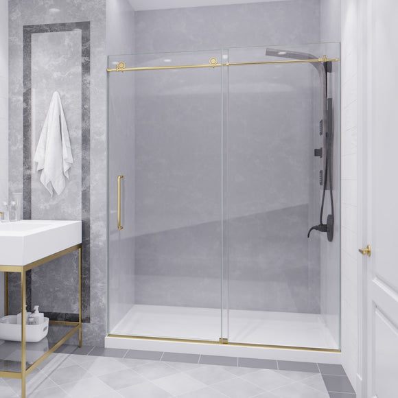 Leon Series 60 in. by 76 in. Frameless Sliding Shower Door in Brushed Gold with Handle