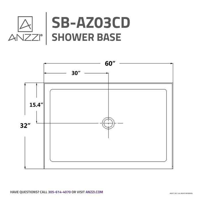 ANZZI SB-AZ03CD Tier 32 x 60" Center Drain Single Threshold Shower Base in White