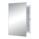 Jensen 781029 medicine cabinet with frameless mirrored door partly open and interior shelves visible