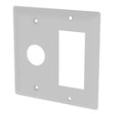 Double gang wall plate in white with circular and rectangular openings and 4 screw holes.