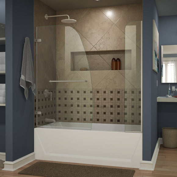 DreamLine SHDR-3534586-EX-04 Aqua Uno 56-60"W x 58"H Frameless Hinged Tub Door with Extender Panel in Brushed Nickel