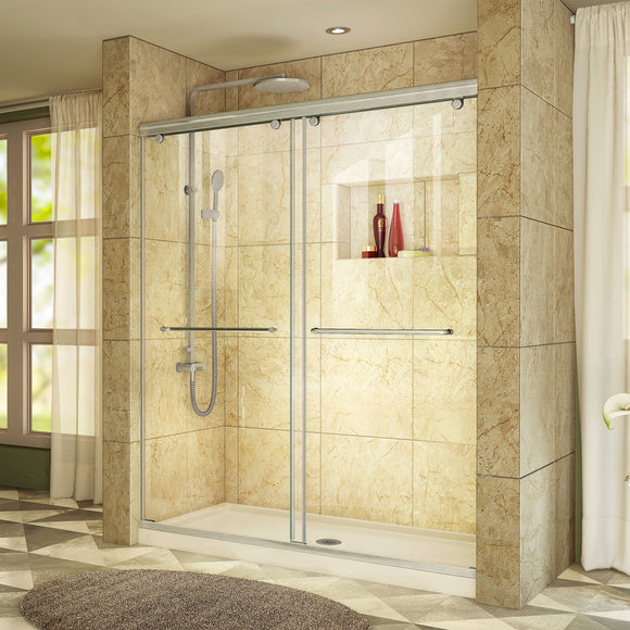 DreamLine DL-6940C-22-04 Charisma 30"D x 60"W x 78 3/4"H Frameless Bypass Shower Door in Brushed Nickel and Center Drain Biscuit Base
