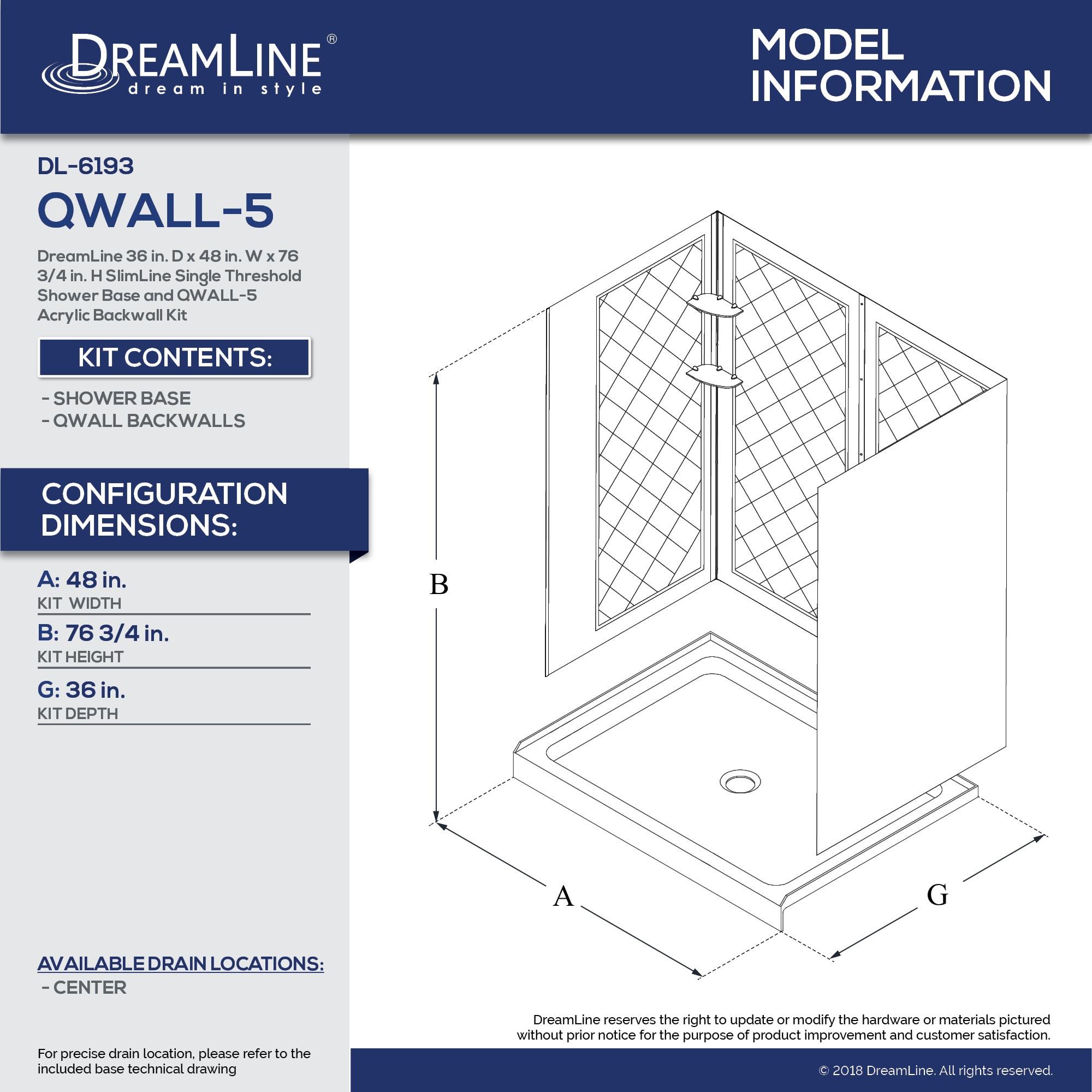 DreamLine 36 x 48 Base and QWALL-5 Shower Backwall Kit - DL-6193C-01