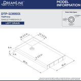 DreamLine DTP-1136601 TilePrime 36"D x 60"W x 3"H Single Threshold Shower Base, Left Drain