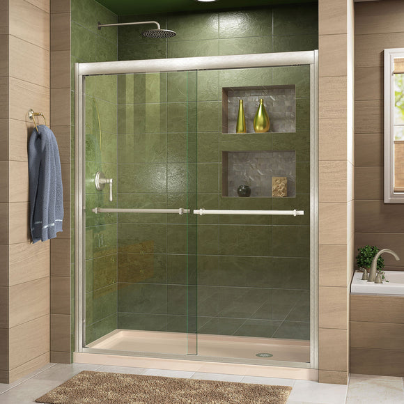 DreamLine DL-6952R-22-04 Duet 34"D x 60"W x 74 3/4"H Semi-Frameless Bypass Shower Door in Brushed Nickel and Right Drain Biscuit Base