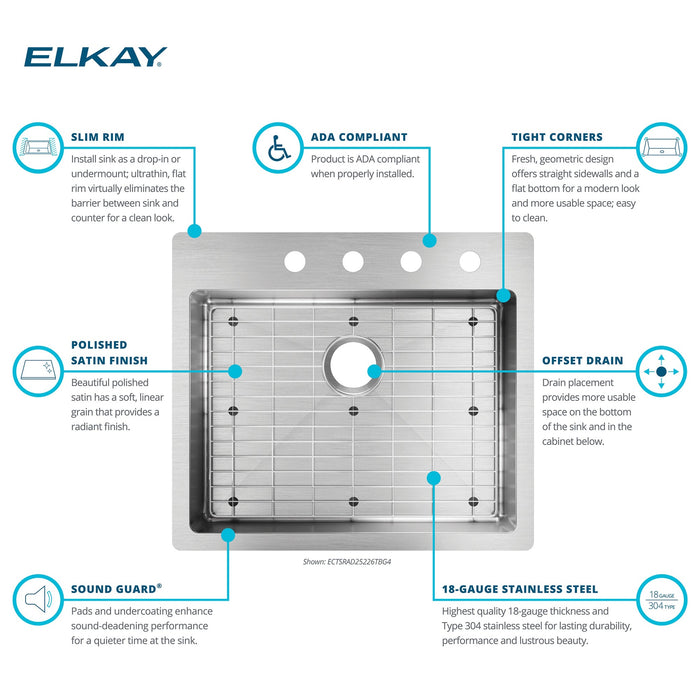 Elkay ECTSRAD25226TBG4 Crosstown 18 Gauge Stainless Steel 25" x 22" x 6", 4-Hole Single Bowl Dual Mount ADA Sink Kit