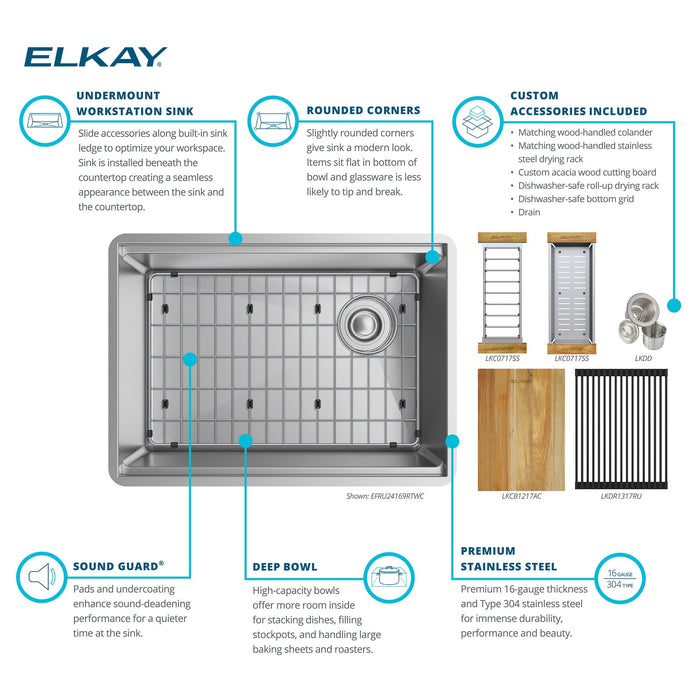 Elkay EFRU24169RTWC Crosstown Stainless Steel, 25.5" x 18.5" x 9" Single Bowl Undermount Workstation Sink Kit