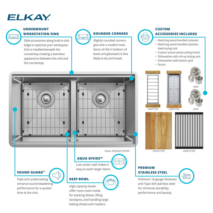 Elkay EFRUAQ31169TWC Crosstown 16 Gauge Stainless Steel, 31-1/2" x 18-1/2" x 9" Equal Double Bowl Sink Workstation Kit with Aqua Divide