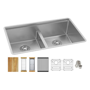 Elkay EFRUAQ31169TWC Crosstown 16 Gauge Stainless Steel, 31-1/2" x 18-1/2" x 9" Equal Double Bowl Sink Workstation Kit with Aqua Divide