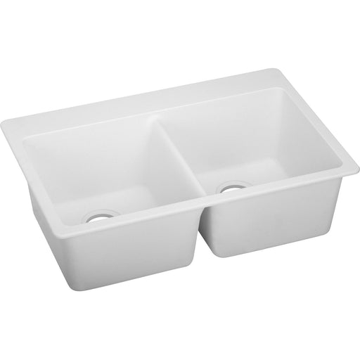 Elkay ELG3322WH0 Quartz Classic 33" x 22" x 9-1/2", Equal Double Bowl Top Mount Kitchen Sink, White