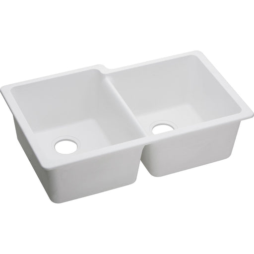 Elkay ELGU250RWH0 Quartz Classic 33" x 20-1/2" x 9-1/2" Offset 2-Bowl Undermount Kitchen Sink, White