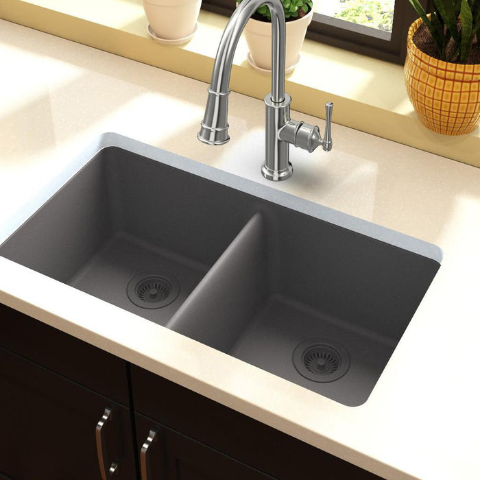Elkay ELGU3322GS0 Quartz Classic 33" x 18-1/2" x 9-1/2", 2-Bowl Undermount Kitchen Sink, Greystone