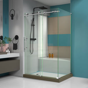 DreamLine SHEN-6132481-08 Enigma-X 32 1/2"D x 48 3/8"W x 76"H Fully Frameless Sliding Shower Enclosure in Polished Stainless Steel