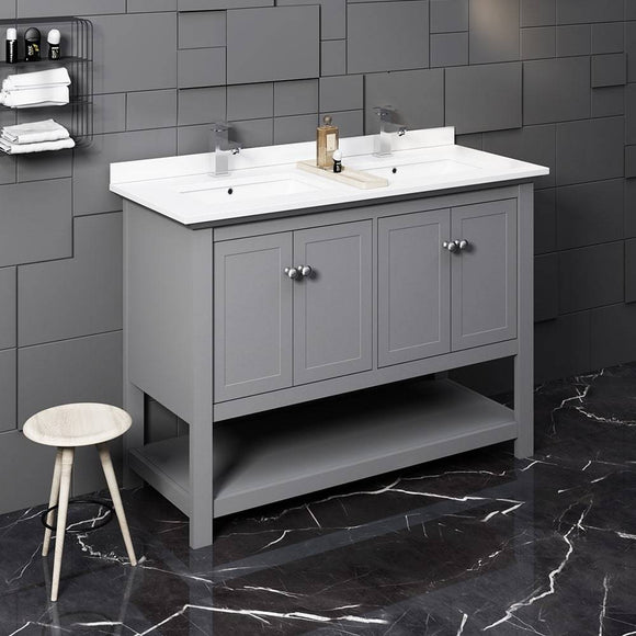 Fresca FCB2348GR-D-CWH-U Manchester 48" Gray Traditional Double Sink Bathroom Cabinet with Top & Sinks