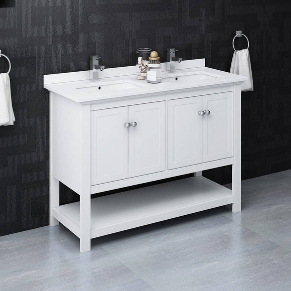 Fresca FCB2348WH-D-CWH-U Manchester 48" White Traditional Double Sink Bathroom Cabinet with Top & Sinks