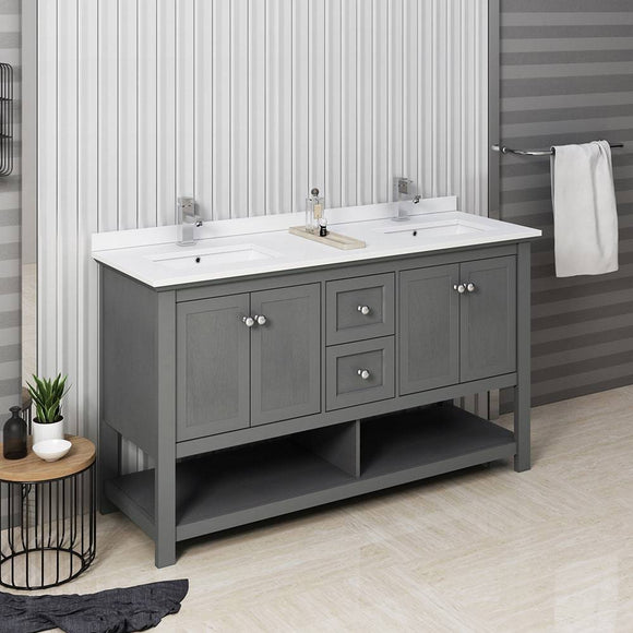 Fresca FCB2360VG-D-CWH-U Manchester Regal 60" Gray Wood Veneer Traditional Double Sink Bathroom Cabinet with Top & Sinks