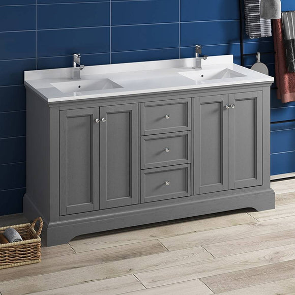Fresca FCB2460GRV-CWH-U Windsor 60" Gray Textured Traditional Double Sink Bathroom Cabinet with Top & Sinks