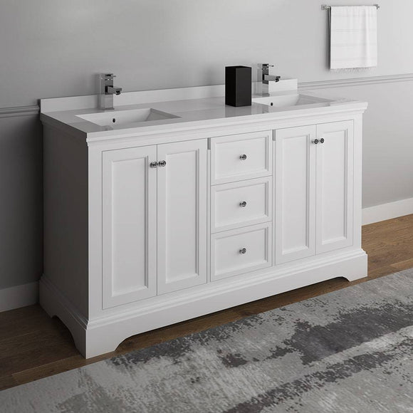 Fresca FCB2460WHM-CWH-U Windsor 60" Matte White Traditional Double Sink Bathroom Cabinet with Top & Sinks