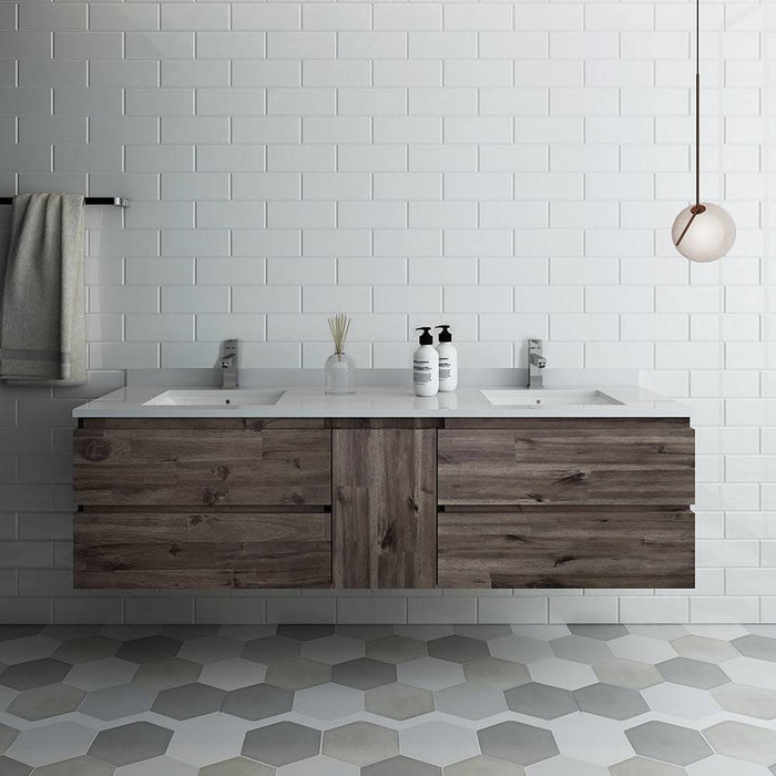 Fresca FCB31-301230ACA-CWH-U Formosa 72" Wall Hung Double Sink Modern Bathroom Cabinet with Top & Sinks in Acacia