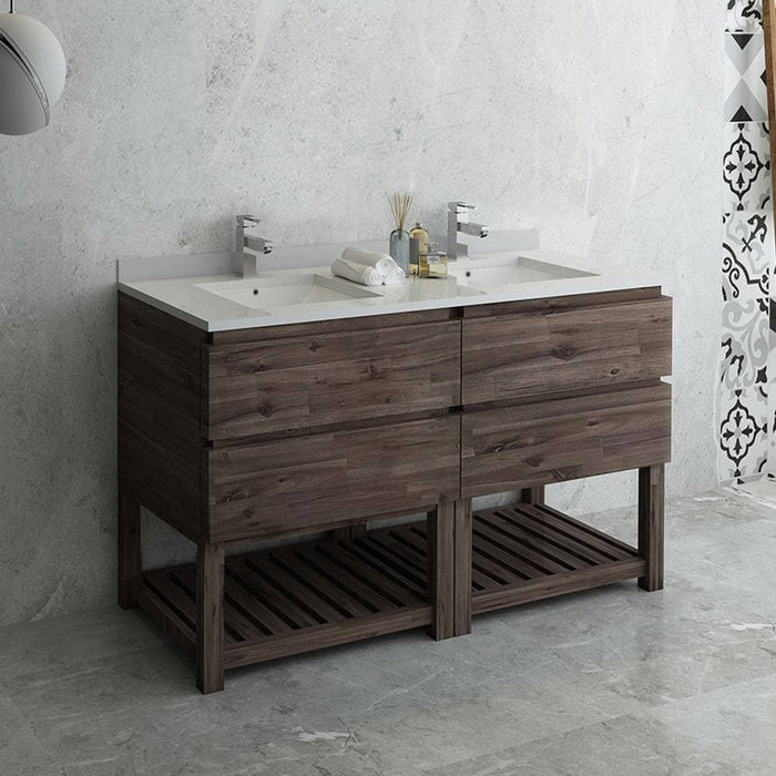 Fresca FCB31-3030ACA-FS-CWH-U Formosa 60" Floor Standing Open Bottom Double Sink Modern Bathroom Cabinet with Top & Sinks in Acacia