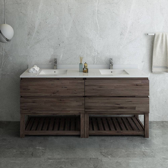 Fresca FCB31-3636ACA-FS-CWH-U Formosa 72" Floor Standing Open Bottom Double Sink Modern Bathroom Cabinet with Top & Sinks in Acacia