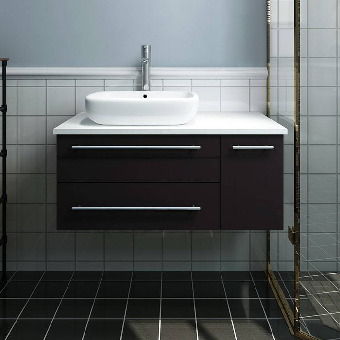 Fresca FCB6136ES-VSL-L-CWH-V Lucera 36" Espresso Wall Hung Modern Bathroom Cabinet with Top & Vessel Sink - Left Version