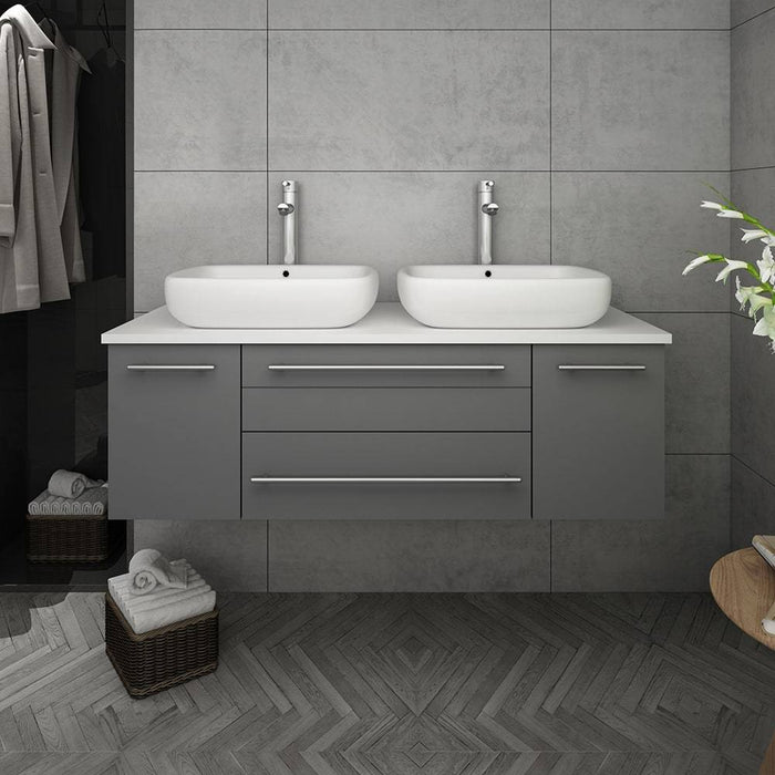 Fresca FCB6148GR-VSL-D-CWH-V Lucera 48" Gray Wall Hung Modern Bathroom Cabinet with Top & Double Vessel Sinks