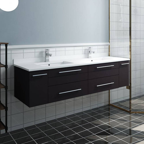 Fresca FCB6160ES-UNS-D-CWH-U Lucera 60" Espresso Wall Hung Modern Bathroom Cabinet with Top & Double Undermount Sinks