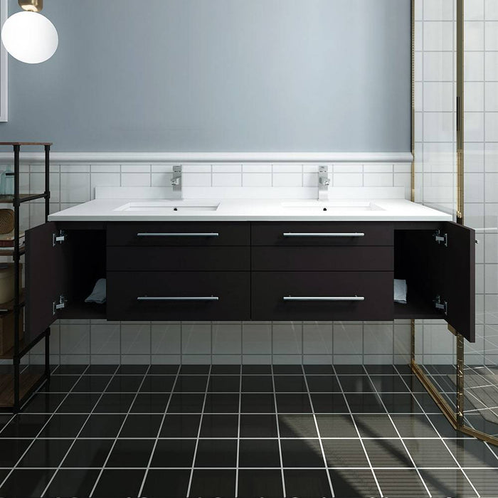 Fresca FCB6160ES-UNS-D-CWH-U Lucera 60" Espresso Wall Hung Modern Bathroom Cabinet with Top & Double Undermount Sinks
