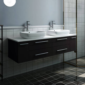 Fresca FCB6160ES-VSL-D-CWH-V Lucera 60" Espresso Wall Hung Modern Bathroom Cabinet with Top & Double Vessel Sinks