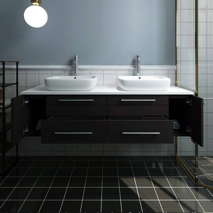 Fresca FCB6160ES-VSL-D-CWH-V Lucera 60" Espresso Wall Hung Modern Bathroom Cabinet with Top & Double Vessel Sinks