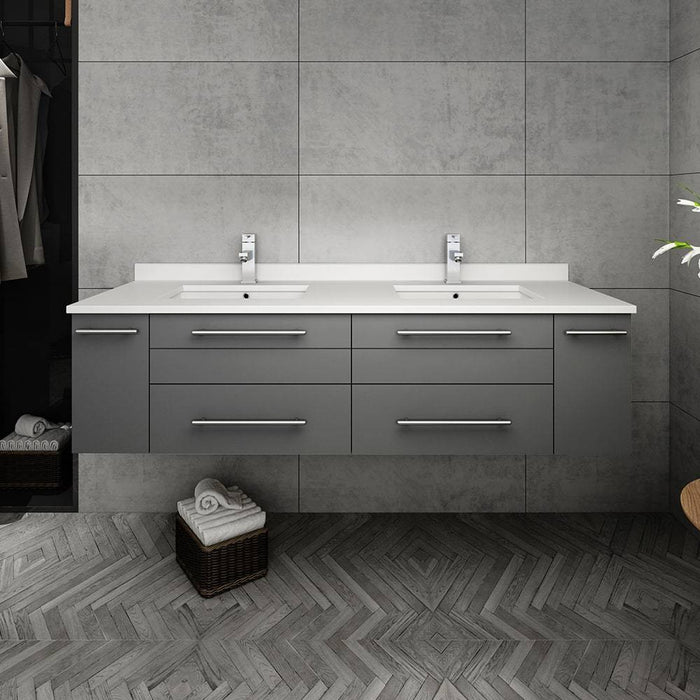 Fresca FCB6160GR-UNS-D-CWH-U Lucera 60" Gray Wall Hung Modern Bathroom Cabinet with Top & Double Undermount Sinks