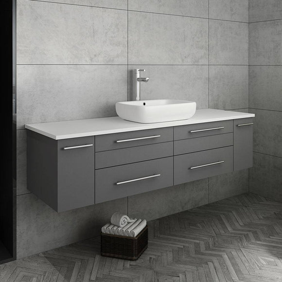 Fresca FCB6160GR-VSL-CWH-V Lucera 60" Gray Wall Hung Modern Bathroom Cabinet with Top & Single Vessel Sink