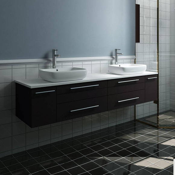 Fresca FCB6172ES-VSL-D-CWH-V Lucera 72" Espresso Wall Hung Modern Bathroom Cabinet with Top & Double Vessel Sinks