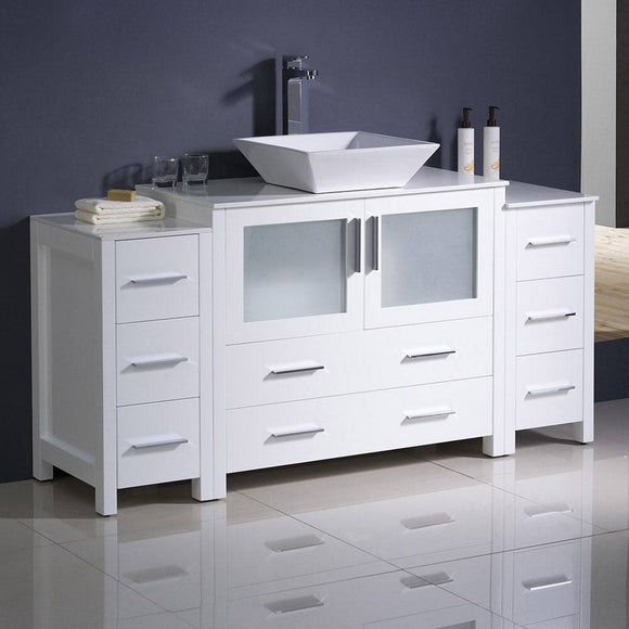 Fresca FCB62-123612WH-CWH-V Torino 60" White Modern Bathroom Cabinets with Top & Vessel Sink
