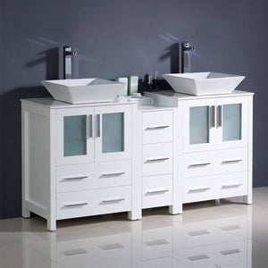 Fresca FCB62-241224WH-CWH-V Torino 60" White Modern Double Sink Bathroom Cabinets with Tops & Vessel Sinks