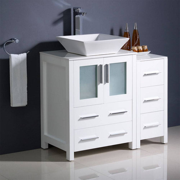 Fresca FCB62-2412WH-CWH-V Torino 36" White Modern Bathroom Cabinets with Top & Vessel Sink